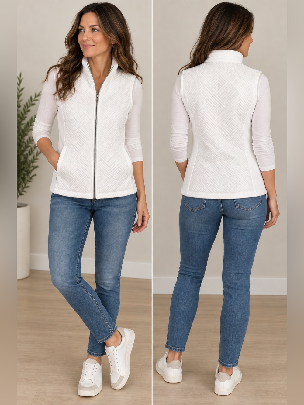 Sleeveless White Quilted Zip Vest for Women Size M Winter Vest